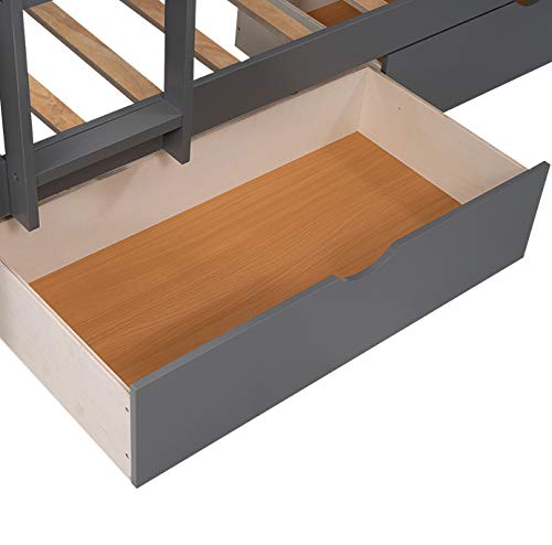 Flieks Triple Bed Twin-Over-Twin-Over-Twin Bed L Shaped Bunk Bed with 2 Drawers and 2 Ladders, No Box Spring Needed Flieks