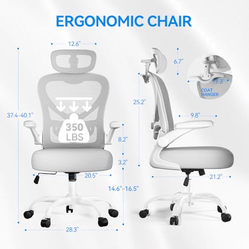 Freepub Ergonomic Office Chair with Headrest 3D, Mesh Office Desk Chair with Adjustable Lumbar Support, Computer Chair with Flip up Armrests, 350LBS Capacity - Design for Home/Offices - Grey Freepub