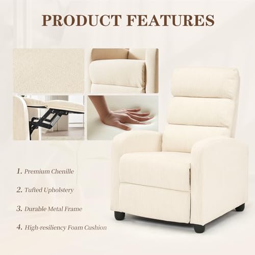 Furnimart Small Manual Recliner Chair for Small Spaces, Overstuffed Chenille Reclining Chair with Chunky Cushion, Comfortable Single Sofa Recliner for Adults, Living Room, Bedroom, Home Theater, Beige