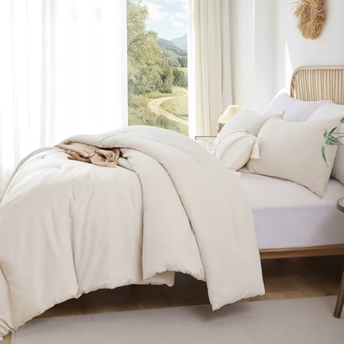 ROSGONIA Beige Comforter Set Queen, 3pcs (1 Boho Beige Comforter & 2 Pillowcases), All Season Bedding Lightweight Soft Bedspread Blanket Quilt ROSGONIA