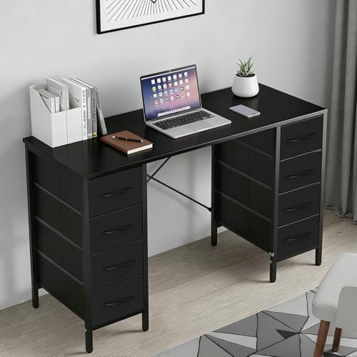 DUMOS 47 Inch Computer Desk with 8 Fabric Drawers, Office Gaming Desk with Storage, Writing Study Table with X-Shaped Reinforced Structure, Black DUMOS