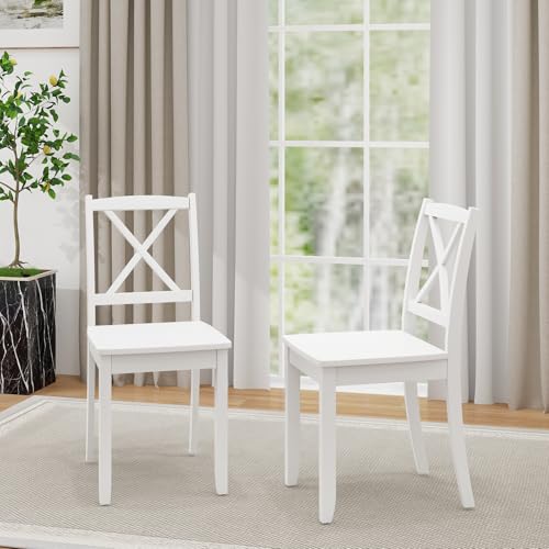 Giantex Wood Dining Chairs Set of 4 White, Armless Kitchen Chairs w/Rubber Wood Legs & Curved Backrest, Farmhouse Cross Back Diner Chairs, Wooden Side Chairs for Home Dining Room, Load 400 LBS Giantex