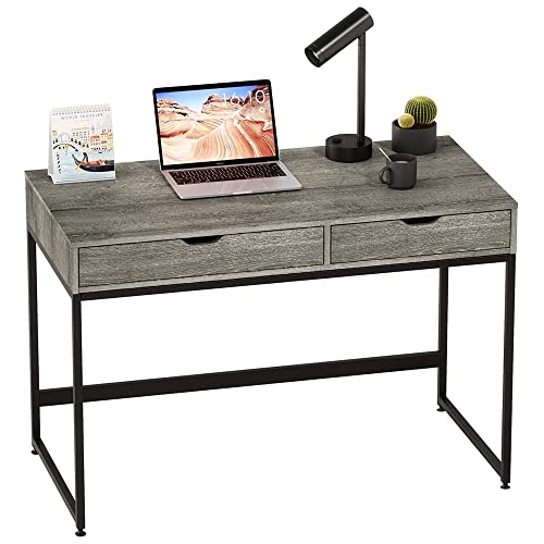 Bestier Rectangular Two Drawer Writing Computer Desk, Modern Engineered Wood Design, Stainless Steel Leg Frames, Modern Industrial Design, Gray Bestier