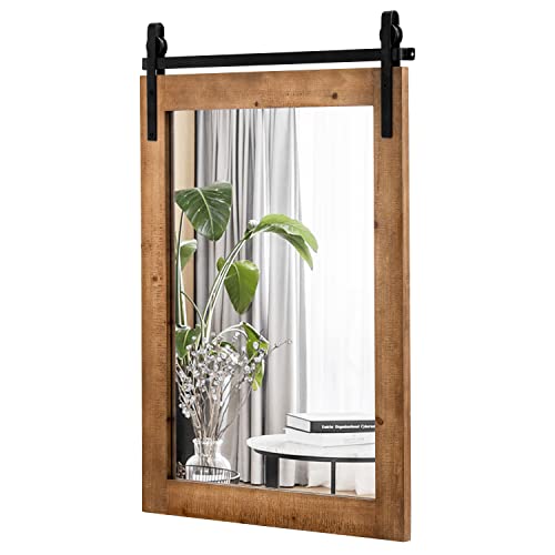 Tangkula Farmhouse Wall Mirror, Rustic Bathroom Mirror with Wood Frame and Metal Bracket, Wall Mounted Barn Door Mirror for Living Room Bathroom, 22 x 30 Inch Tangkula