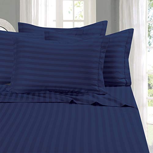 Elegant Comfort Best, Softest, Coziest 6-Piece Sheet Sets! - 1500 Premier Hotel Quality Luxurious Wrinkle Resistant 6-Piece Damask Stripe Bed Sheet Set, Queen Navy Blue Elegant Comfort