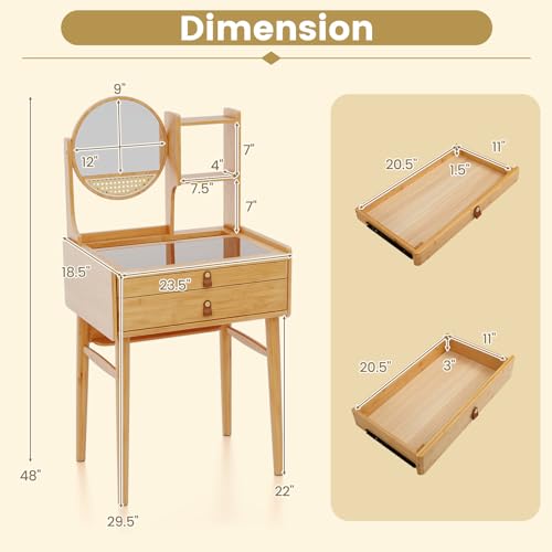 CHARMAID Small Vanity Desk with Mirror, Glass Top Bamboo Makeup Vanity Table with Storage Drawers & Shelves, Tabletop Groove, Rotatable Mirror, Compact Dressing Table for Bedroom Small Spaces, 23.5"W CHARMAID