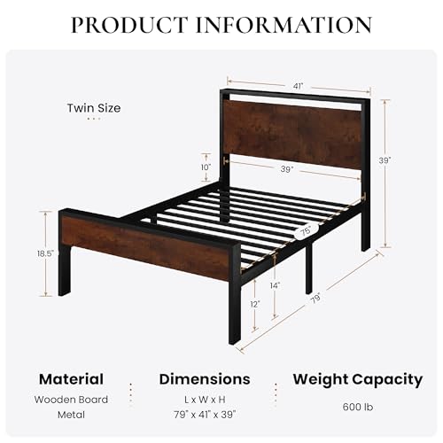 SHA CERLIN 14 Inch Twin Size Metal Platform Bed Frame with Wooden Headboard and Footboard, Mattress Foundation, No Box Spring Needed, Large Under Bed Storage, Heavy Duty Slats Support, Mahogany SHA CERLIN