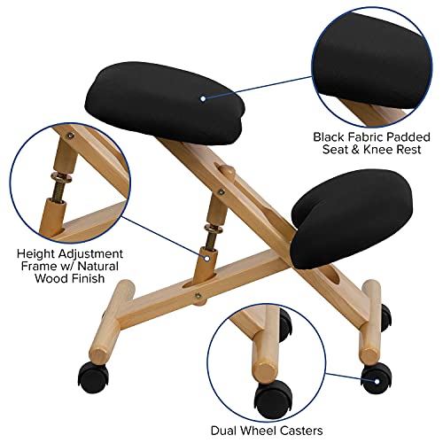 Flash Furniture Posey Mobile Wooden Kneeling Office Chair for Improved Posture, Height-Adjustable Ergonomic Office Kneeling Chair, Natural/Black Flash Furniture