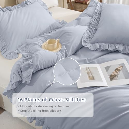 Sanracie Ruffled Bedding Comforter Sets King Size, Cotton Comforters Set 3Pcs for All Season Cornflower Blue Shabby Boho Chic Bedding French Country Farmhouse Rustic Aesthetic Bedroom Sets Sanracie