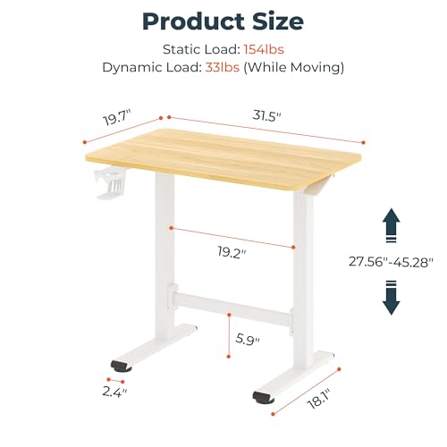 FitStand Pneumatic Standing Desk, 31.5" x 19.7" One-Piece Adjustable Height Home Office Desk, Rolling Computer Workstation with Hooks & Cup Holder,2 Rear-Mounted Hidden Casters, Maple FitStand