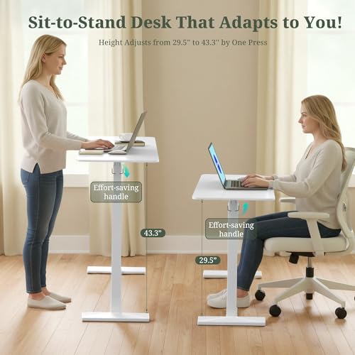 Mobile Standing Desk, Adjustable Height Desk with Hidden Casters, Portable Laptop Computer Table with Rolling Wheels, for Sit Stand Workstation, Compact and Sturdy for Home, Office, Dorm, White SageNest