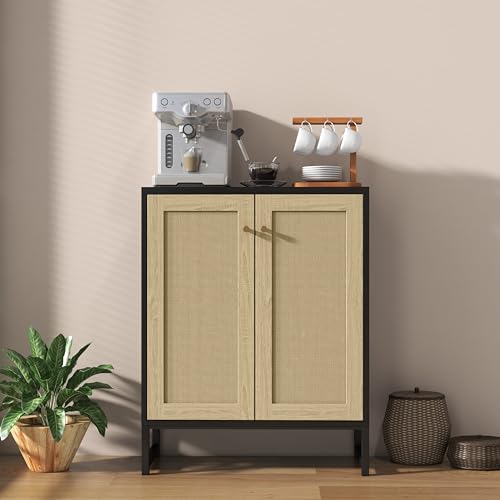 Panana Rattan Decorated 2 Doors Storage Cabinet Accent Cabinet Living Room Cupboard Kitchen Sideboard Buffet Table (Black Cabinet) Panana