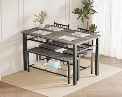 GarveeHome Modern Dining Table Set for 4, Kitchen Table for 4 with Chairs &Storage Bench,47 "Rectangular Dining Room Set with Bench,4 Piece Kitchen Table Set for Small Space/Apartment(Gray) GarveeHome