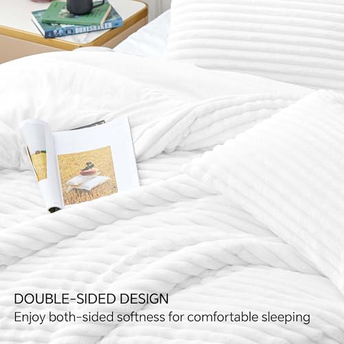 BEDELITE Fleece King Comforter Set -Super Soft & Warm Fluffy Bright White Bedding, Luxury Fuzzy Heavy Bed Set for Winter with 2 Pillow Cases BEDELITE