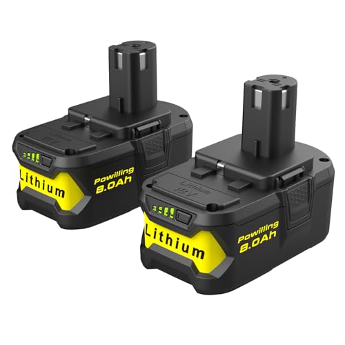Powilling 8.0Ah Battery Replacement for Ryobi 18V Lithium ion Battery, 18 Volt Batteries for Ryobi One 18V Cordless Tools P108 P107 P105 P104 P103(2Pack) Powilling
