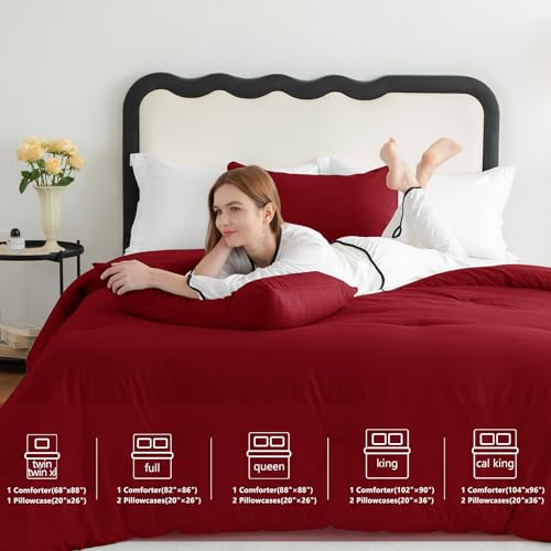 CozyLux King Size Comforter Set Dark Red, 3 Pieces Solid Breathable Quilted Style Bedding Sets, Luxury Fluffy Soft Bed Set with Down Alternative Comforter for All Season (1 Comforter & 2 Pillowcases)