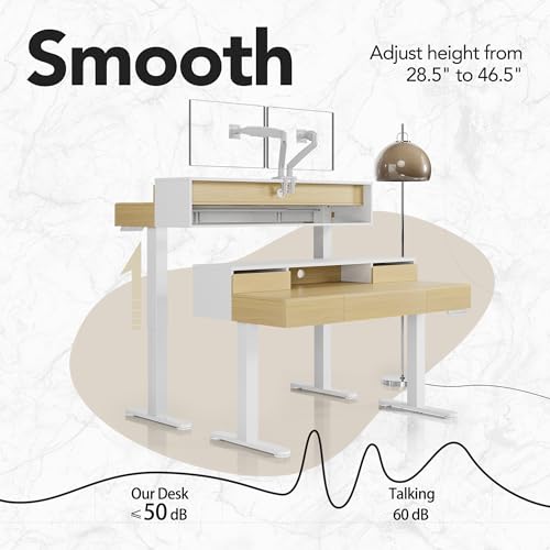 HUANUO Standing Desk with Drawers, 48 Inches Electric Height Adjustable Desk with Storage, Whole-Piece Board Sit Stand Up Desk with Monitor Shelf, Light Walnut HUANUO
