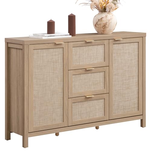 SICOTAS 52" Larger Sideboard Buffet Coffee Bar Cabinet with Storage - Farmhouse Rattan Credenza Storage Cabinet with 3 Drawers and 2 Doors, Boho Console Table for Living Room, Kitchen, Light Oak SICOTAS