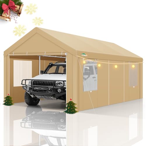 COBIZI Carport Canopy 12x20 Heavy Duty Portable Garage with Removable Sidewalls & Doors, Car Port Canopy Tent with Built-in Sandbags & All-Season Tarp for Car Boat Truck, Khaki COBIZI