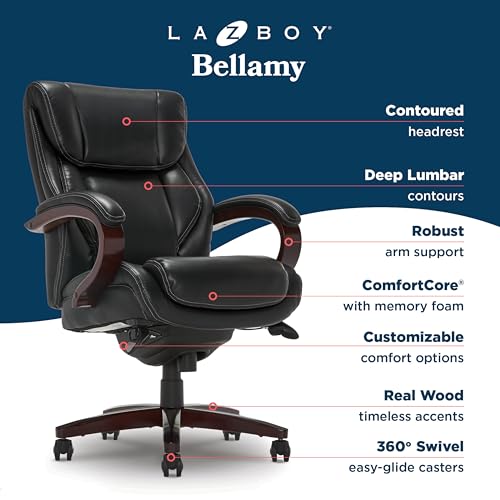 La-Z-Boy® Bellamy Executive Office Chair with Memory Foam Cushions, Real Wood Arms and Swivel Base, Waterfall Seat Edge, Faux Bonded Leather, Black La-Z-Boy