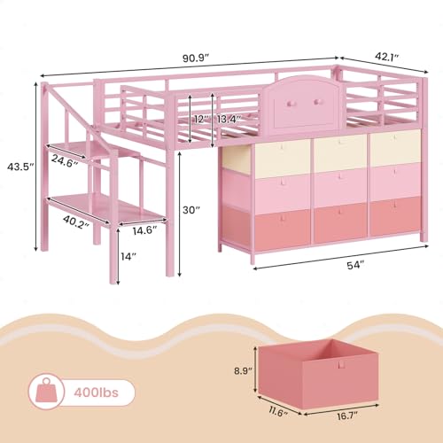 VIAGDO Low Loft Bed Twin Size with 9 Storage Drawers and LED Lights, Metal Twin Loft Bed with Stairway Shelf Storage, Low Loft Bed with Safety Guardrail and Under-Bed Hideaway for Kids, Pink VIAGDO