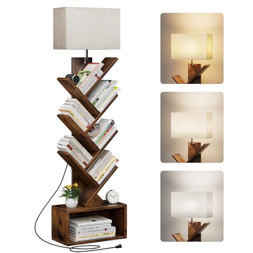 Evermagin Rustic Brown 6-Tier Tree Bookshelf with Adjustable Light – Stylish Book Organizer for Home & Office Evermagin