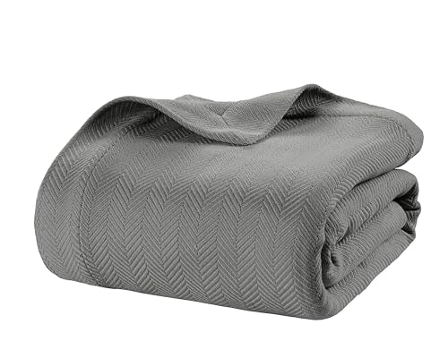 LANE LINEN Twin Blanket 100% Cotton Blankets Twin Size for Bed - Herringbone Weave (68"x90") Soft & Cozy Bed Blankets - Great Gifting in Any Season for Everyday Bedding - Oeko-TEX Certified - Grey LANE LINEN