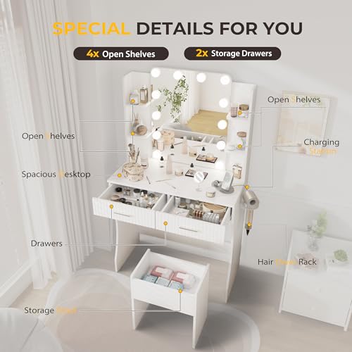 Otterease Vanity Desk with LED Lighted Mirror, Makeup Vanity with 3 Adjustable Lights, 2 Large Drawers and 4 Open Shelves, White Vanity with Storage Stool for Bedroom Otterease