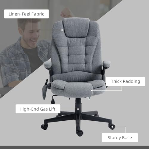Vinsetto 6 Point Vibrating Massage Office Chair with Heat, Linen High Back Executive Office Chair with Reclining Backrest, Padded Armrests and Remote, Gray HOMCOM