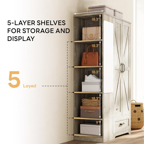 LIKIMIO Armoire Wardrobe Closet 70 Inches, Large Storage with Mirror, 2 Doors, Drawer, and Shelves, Modern Bedroom Freestanding Wooden Wardrobe Combination with Hanging Rail, Rustic Maple LIKIMIO