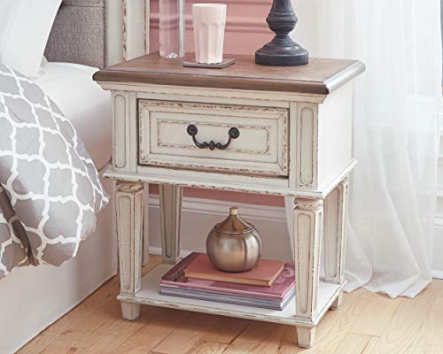 Signature Design by Ashley Realyn Traditional Cottage 1 Drawer Nightstand with Dovetail Construction & Open Display Shelf, Chipped White, Distressed Brown Signature Design by Ashley
