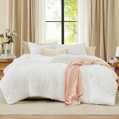 WRENSONGE Queen Comforter Set - 3 Pieces Prewashed White Comforter Soft Lightweight Bedding for All Seasons, Fluffy Down Alternative Comforter Queen Size with 2 Pillow Shams