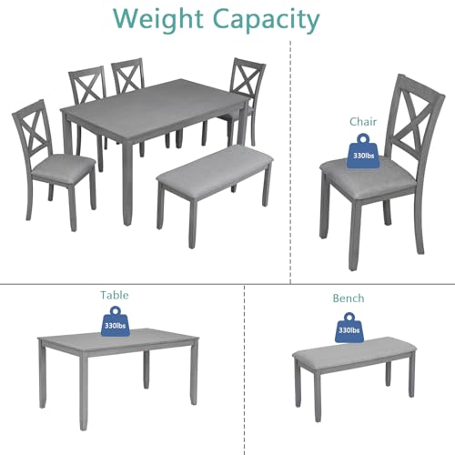 LUMISOL 6-Piece Solid Wood Dining Table Set, Farmhouse Kitchen Table Set with 4 Upholstered Chairs and Bench for Kitchen, Dining Room, Living Room, Grey LUMISOL