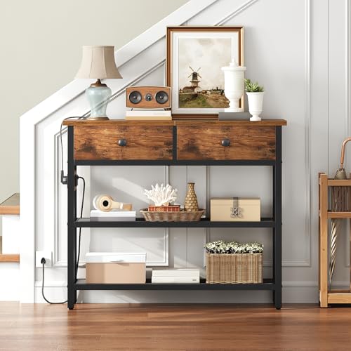 HOOBRO 29.5" Narrow Console Table with Power Outlet, Small Entryway Table with 2 Fabric Drawers, Behind Couch Table Sofa, 3-Tier Storage Shelves, for Living Room, Hallway, Rustic Brown BF72UXG01 HOOBRO