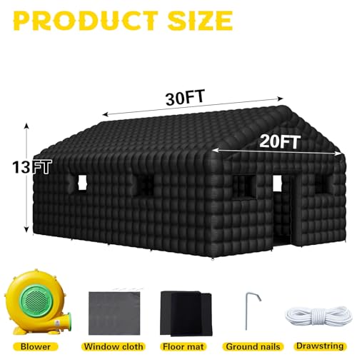 EROMMY 30x20x13 FT Large Black Inflatable Nightclub, Blow Up Party Tent Portable with 1100W Blower, Disco Night Club Tent for Adult Birthday Party Business Rental EROMMY