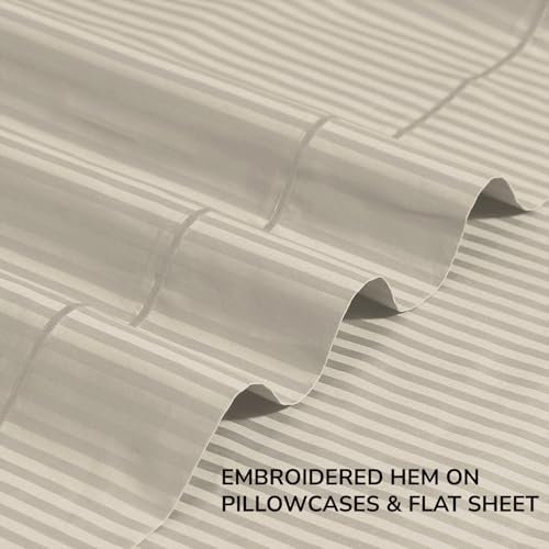 Feather & Stitch 500 TC King Size Damask Bed Sheet Set, 100% Cotton Soft Breathable Bedsheets, 4 Piece 18" Deep Pockets Sateen Weave Striped Bedding Mattress Resort Hotel Luxury- (Beige Stripe)