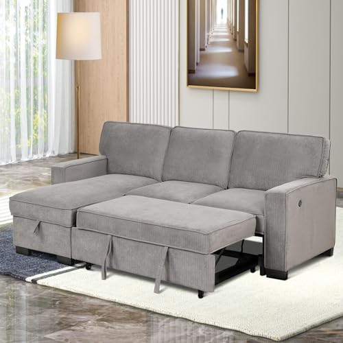 EBELLO Convertible Sleeper Sofa 3 in 1, Chenille Modern L-Shaped Couches for Living Room, Pull Out Sectional Futon Sofa Bed with Storage Space, USB Ports and Cup Holders for Bedroom, Grey EBELLO