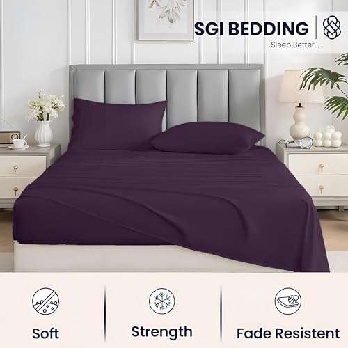 SGI 1000 Thread Count Egyptian Cotton King Sheet Set – Ultra Soft, Deep Pocket 15” Fitted, Breathable & Hotel-Quality,Luxury 4-Piece Premium Bedding Set for Crisp, Durable Comfort – Plum SGI bedding