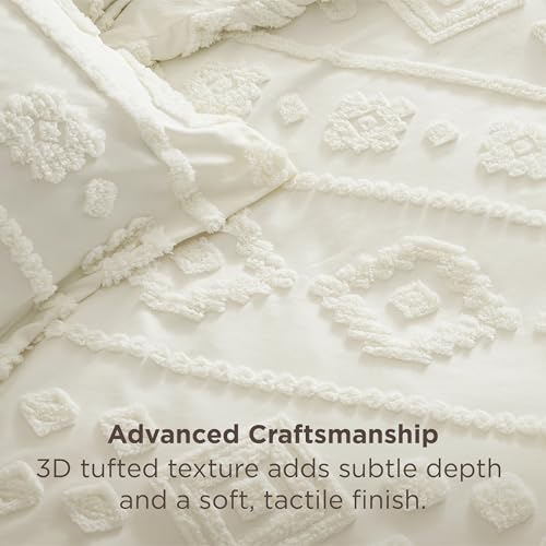 Bedsure Boho Tufted White Comforter King Size, GentleSoft™ 3 Pieces Boho Farmhouse Decor Bedding, Exquisite Shabby Chic Bedding for All Seasons, 1 Bed Comforter, 2 Pillow Shams, 104x90 Inches Bedsure