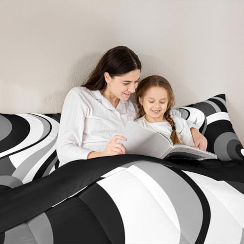 Gray Black White Spiral Queen Comforter Set for Adult Women Men Modern Swirls Stripes Abstract Bedding Set for Minimalists Boho Aesthetic Geometric Bed Sets Graffiti Art Lines Quilt Sets Erosebridal