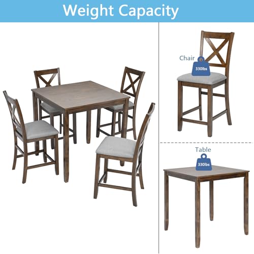 LUMISOL Farmhosue Dining Table Set for 4, 5-Piece Counter Height Kitchen Table Set with 4 Upholstered Chairs for Kitchen, Dining Room, Small Space, Walnut LUMISOL