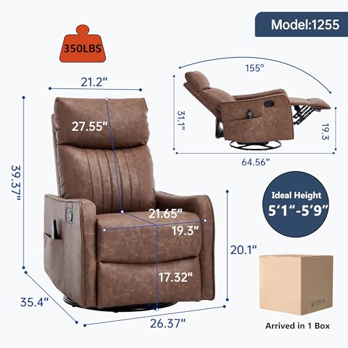 High Back Massage Recliner with Heat - Swivel Rocking Chair for Small Spaces, Manual Lazy Boy Recliner for Adults, Perfect for Living Room & Bedroom, Soft Fabric (Brown)