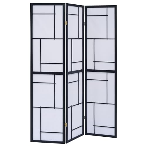 Coaster Home Furnishings - Damis - Solid Wood - 70-Inch 3-Panel Room Divider Folding Shoji Screen with White Paper Panels and Geometric Design - Living Room & Bedroom - Black and White - 900102 Coaster Fine Furniture