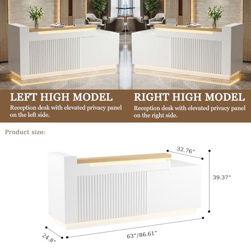 63" L-Shaped Reception Desk with LED Lights and Slatted Grille, Modern Front Desk with Built-in Outlets for Salon, Retail Store,Office,White Checkout Counter with Dimmable Switch,Reception Counter Laxodor