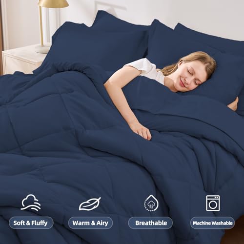 FUANNA 7 Pieces Full Size Comforter Sets, All Season Bedding Sets Full Size, Luxury Soft Bed in a Bag with Comforter, Flat Sheet, Fitted Sheet, Pillowcases & Pillow Shams, Navy Blue FUANNA