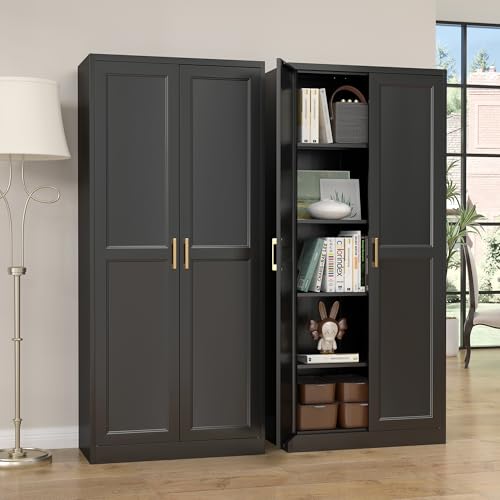SteeLoong Kitchen Pantry Cabinet,71”Black Metal Pantry Storage Cabinet with Doors and 4 Adjustable Shelves,Kitchen Cabinet with 2 Gold Handles,Tall Cabinet for Livingroom,Pantry, Bathroom SteeLoong