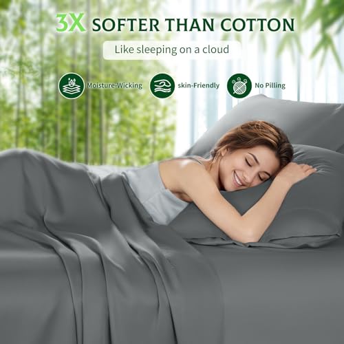 SONORO KATE 100% Viscose Derived from Bamboo_, Extra Deep Pocket up to 18"-24",Ultra Soft & Cooling Sheets for Hot Sleepers, Hotel Luxury Silky Bed Sheets (Dark Grey,Queen) SONORO KATE