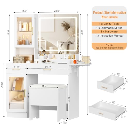 NUNU LAB White Vanity Desk with Mirror and Lights, Makeup Vanity Set with Storage Shelf and Drawers, Bedroom Dressing Table with RGB Cabinets, Cushion Stool for Women, Girls, Teens (052 White) NUNU LAB