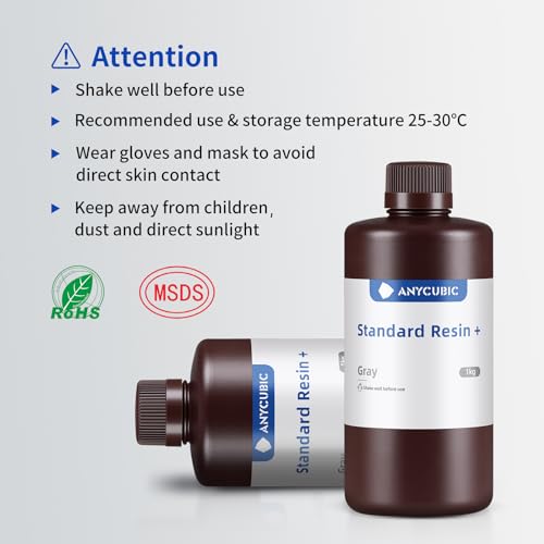 ANYCUBIC Upgraded Standard 3D Printer Resin, 405nm SLA Fast UV-Curing Resin, High Precision & Rapid Photopolymer for 8K Capable LCD/DLP/SLA 3D Printing (Grey, 1000g) ANYCUBIC