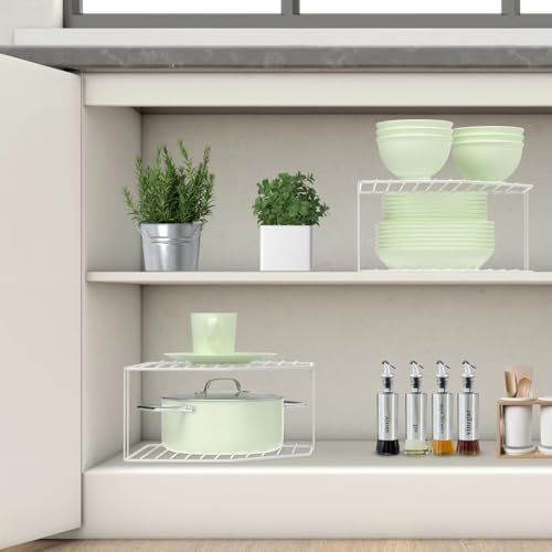 AKAZA 2Pcs 2-Tier Corner Stackable Organizer Shelf for Kitchen - Cabinet Storage Shelf Rack, Shelves,Kitchen Counter and Cabinet Shelf, Storage Rack Organizer (White) AKAZA